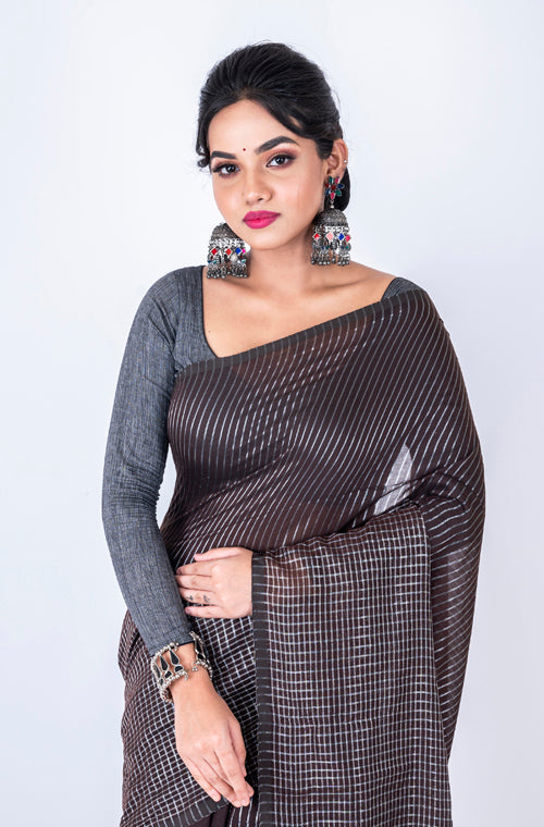 Morchari Bengal Handloom Cotton Zari Check Saree - Brown