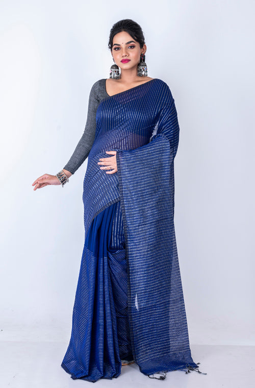 Morchari Bengal Handloom Cotton Zari Check Saree - Navy Blue