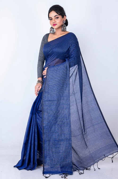 Morchari Bengal Handloom Cotton Zari Check Saree - Navy Blue