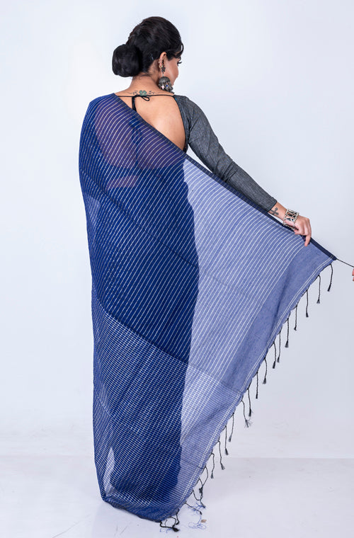 Morchari Bengal Handloom Cotton Zari Check Saree - Navy Blue