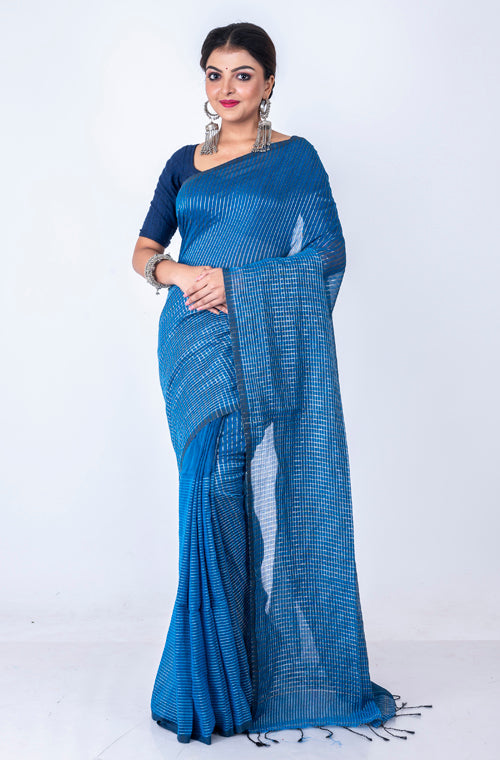 Morchari Bengal Handloom Cotton Zari Check Saree - Blue