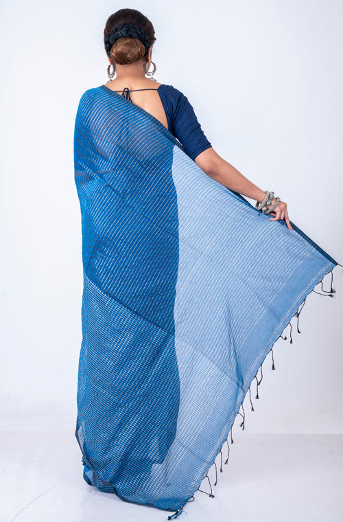 Morchari Bengal Handloom Cotton Zari Check Saree - Blue