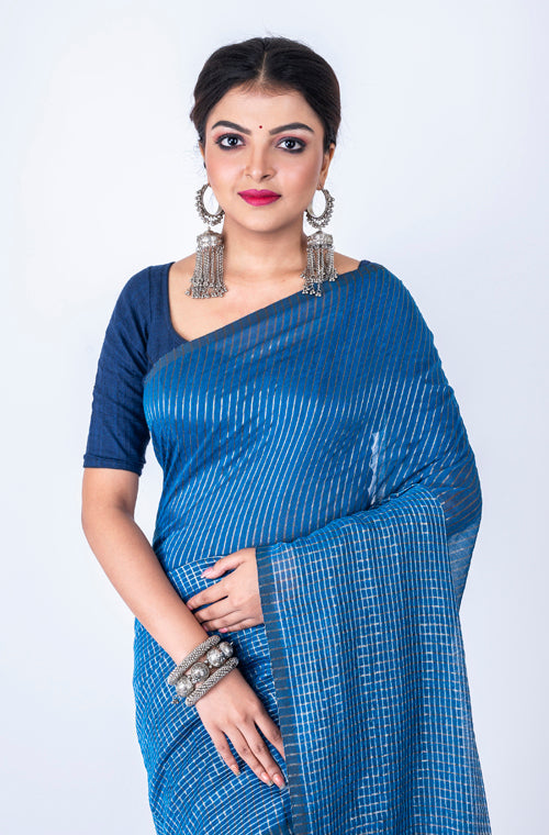 Morchari Bengal Handloom Cotton Zari Check Saree - Blue
