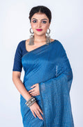 Morchari Bengal Handloom Cotton Zari Check Saree - Blue