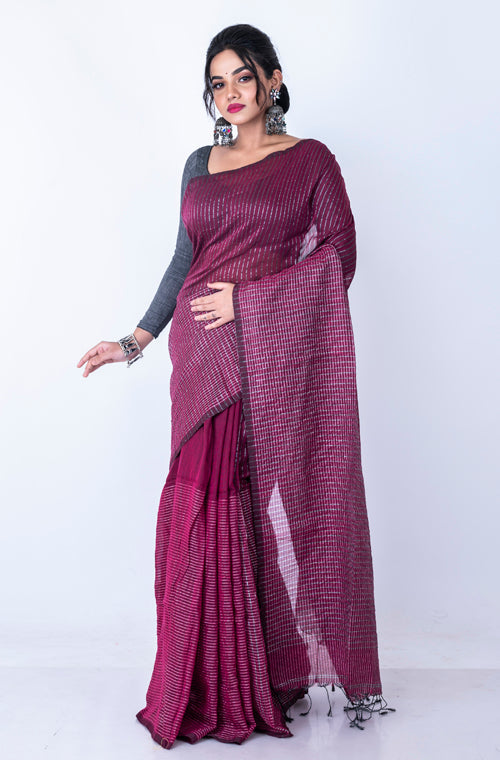 Morchari Bengal Handloom Cotton Zari Check Saree - Deep Maroon