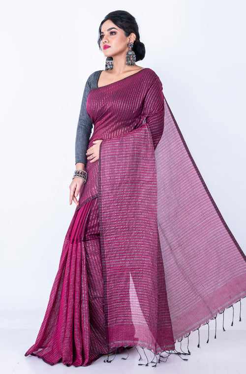 Morchari Bengal Handloom Cotton Zari Check Saree - Deep Maroon