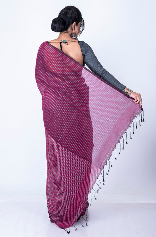 Morchari Bengal Handloom Cotton Zari Check Saree - Deep Maroon