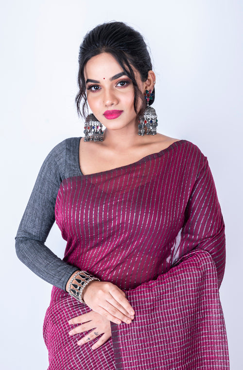 Morchari Bengal Handloom Cotton Zari Check Saree - Deep Maroon