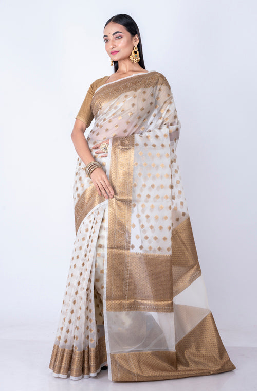 Morchari Baranasi All Over Zari Work Saree - White