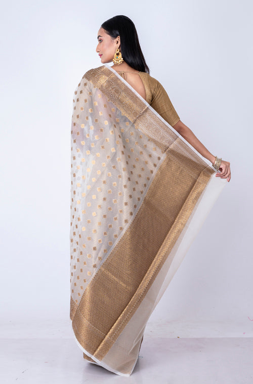 Morchari Baranasi All Over Zari Work Saree - White