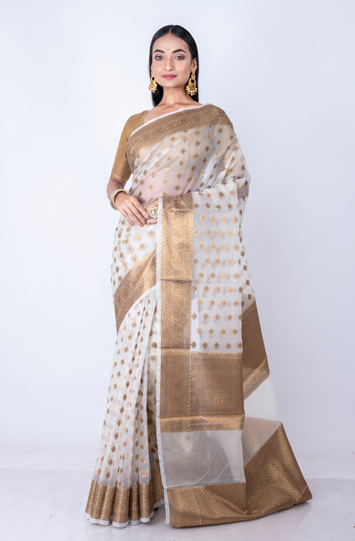 Morchari Baranasi All Over Zari Work Saree - White