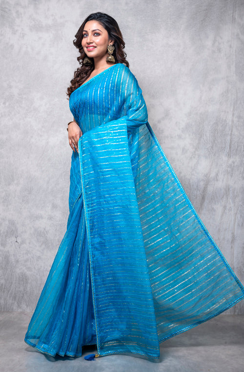 Morchari Organza Saree With Plain Blouse - Light Blue