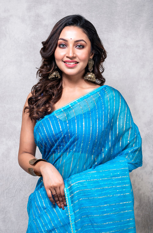 Morchari Organza Saree With Plain Blouse - Light Blue