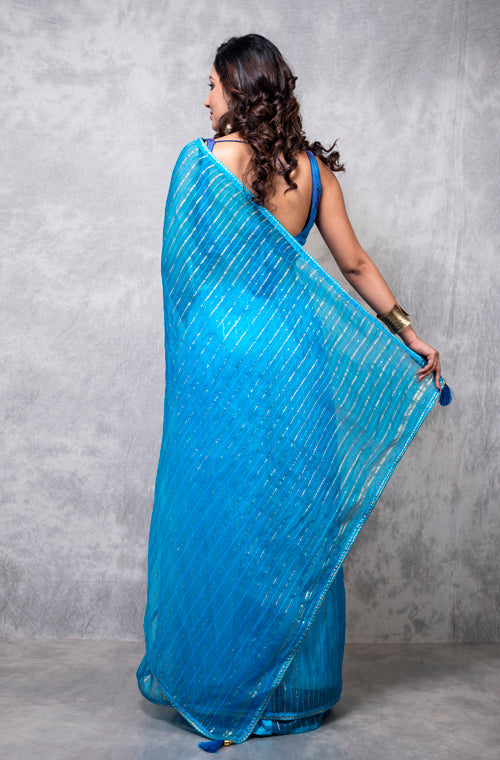 Morchari Organza Saree With Plain Blouse - Light Blue