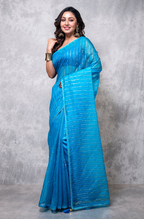 Morchari Organza Saree With Plain Blouse - Light Blue