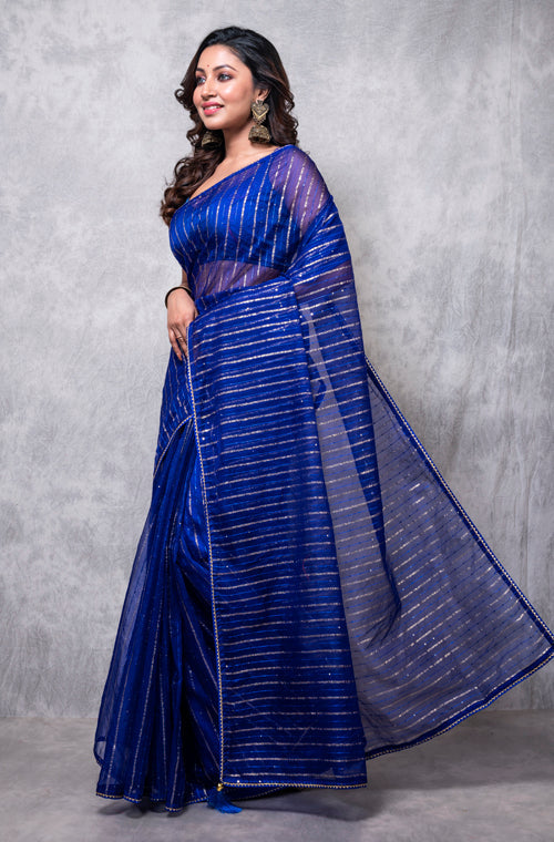 Morchari Organza Saree With Plain Blouse - Navy Blue