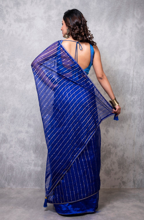Morchari Organza Saree With Plain Blouse - Navy Blue