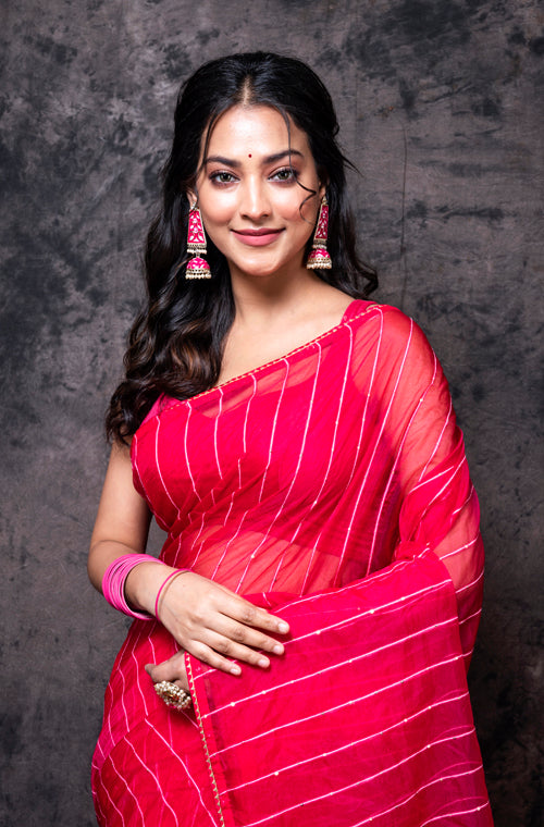 Morchari Organza Saree With Plain Blouse - Red