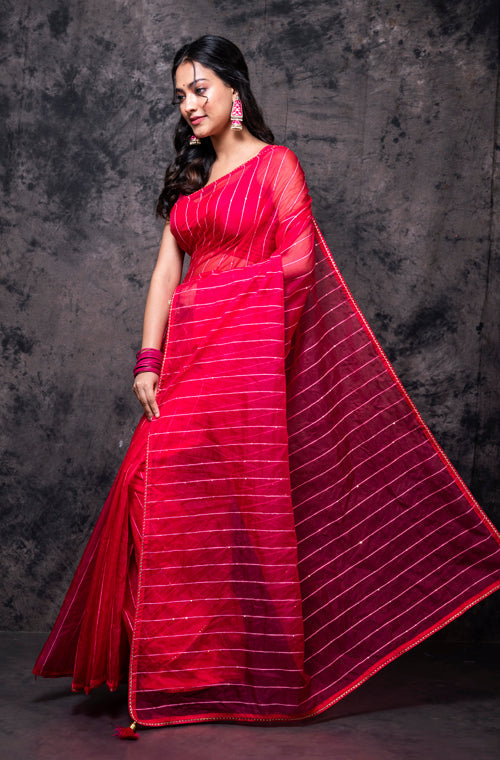 Morchari Organza Saree With Plain Blouse - Gajari