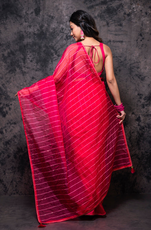 Morchari Organza Saree With Plain Blouse - Gajari