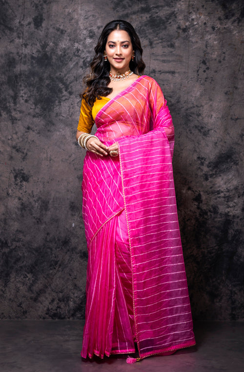 Morchari Organza Saree With Plain Blouse - Pink