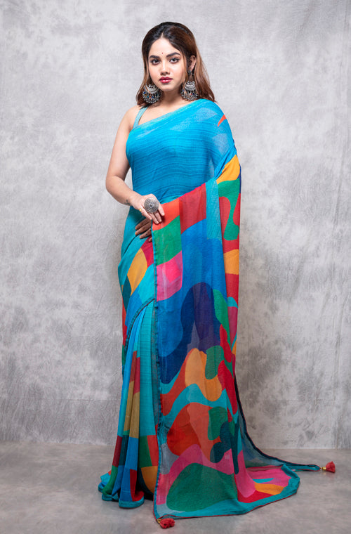 Morchari Georgette Saree With Digital Print - Multicolour