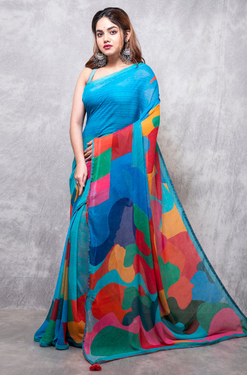 Morchari Georgette Saree With Digital Print - Multicolour