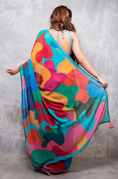 Morchari Georgette Saree With Digital Print - Multicolour