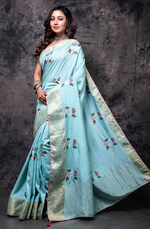 Morchari Fancy Embroidery Saree - Light Blue