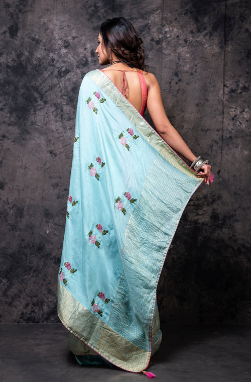 Morchari Fancy Embroidery Saree - Light Blue