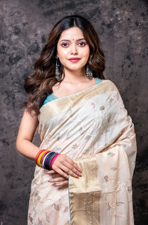Morchari Fancy Embroidery Saree - Cream