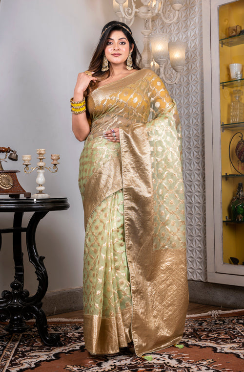 Morchari Organza Heavy Zari Saree - Green