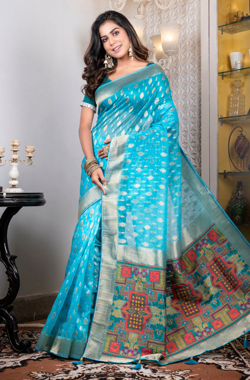 Morchari Organza Heavy Zari Saree - Light Blue
