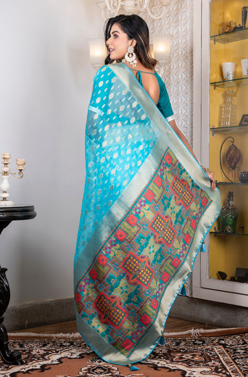 Morchari Organza Heavy Zari Saree - Light Blue