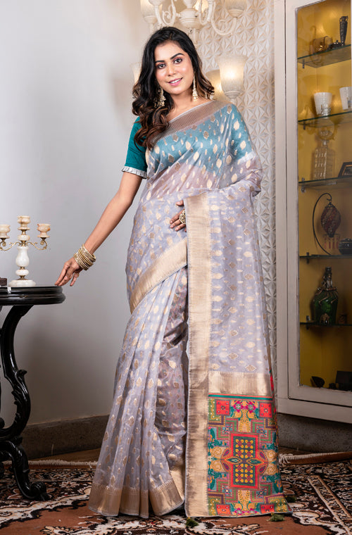Morchari Organza Heavy Zari Saree - Grey