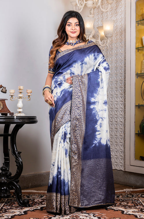 Morchari Pure Dola Saree (Marble Dye) - Blue