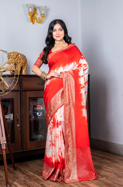 Morchari Pure Dola Saree (Marble Dye) - Red