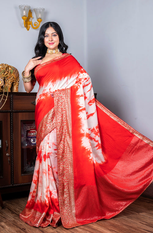Morchari Pure Dola Saree (Marble Dye) - Red
