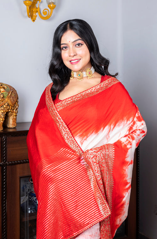 Morchari Pure Dola Saree (Marble Dye) - Red