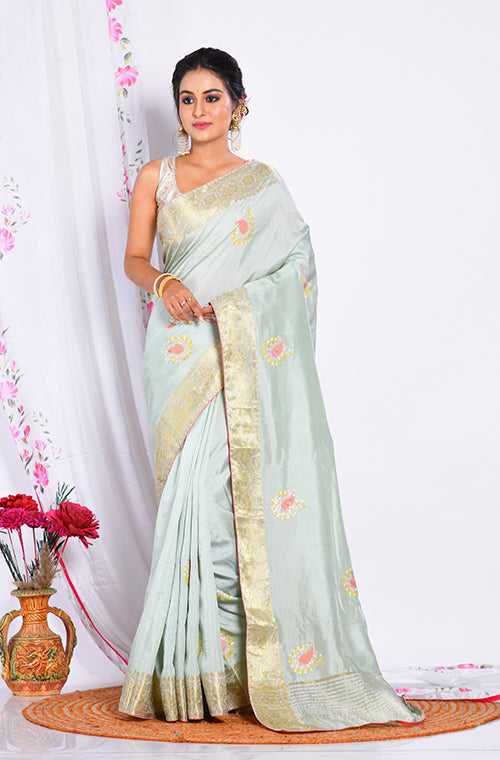 Morchari Heavy Embroidery Saree - Light Green