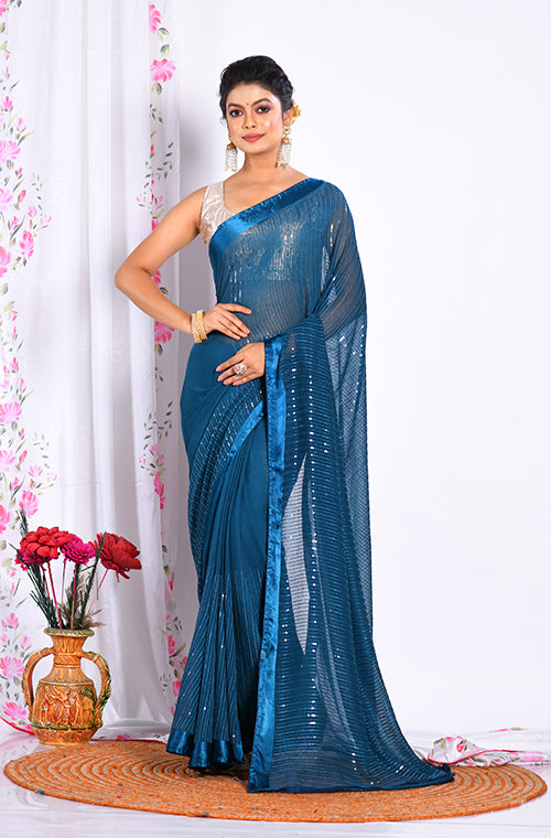 Morchari Heavy Embroidery Saree - Dark Blue