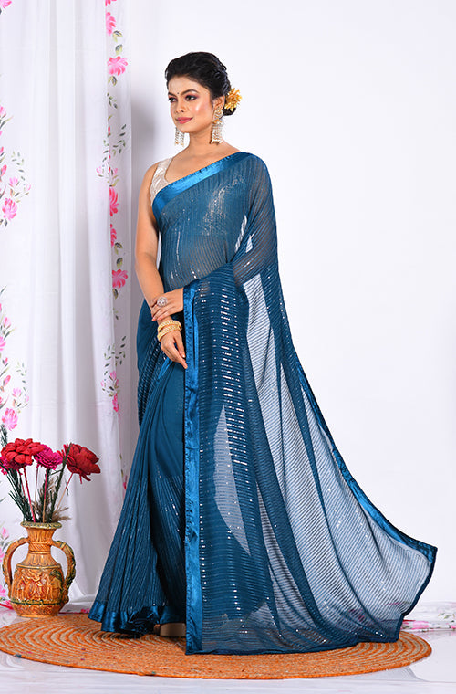 Morchari Heavy Embroidery Saree - Dark Blue