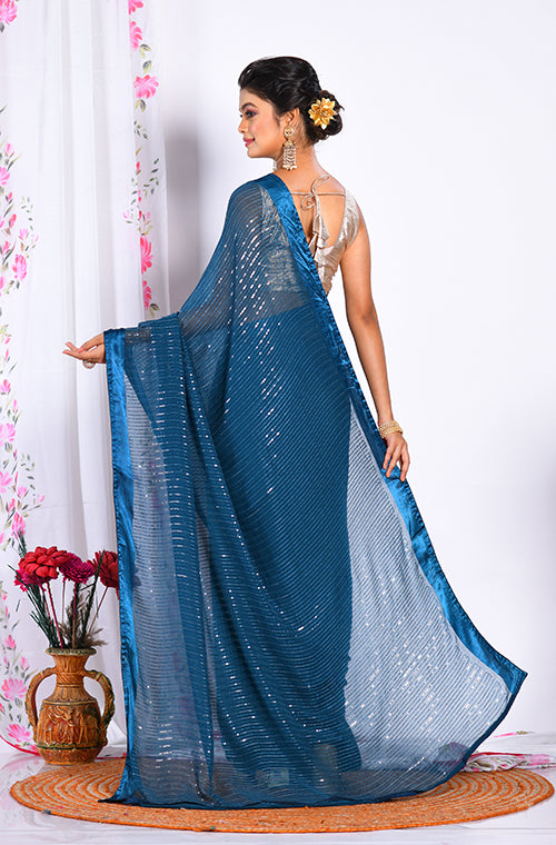 Morchari Heavy Embroidery Saree - Dark Blue