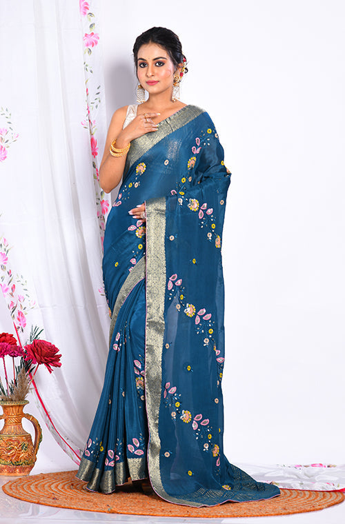 Morchari Heavy Embroidery Saree - Dark Green