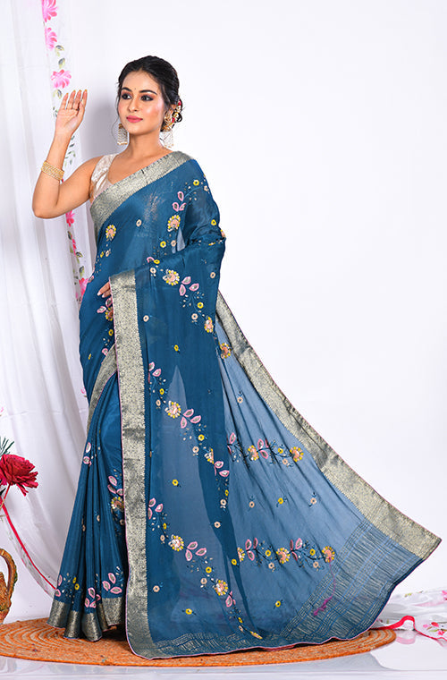 Morchari Heavy Embroidery Saree - Dark Green