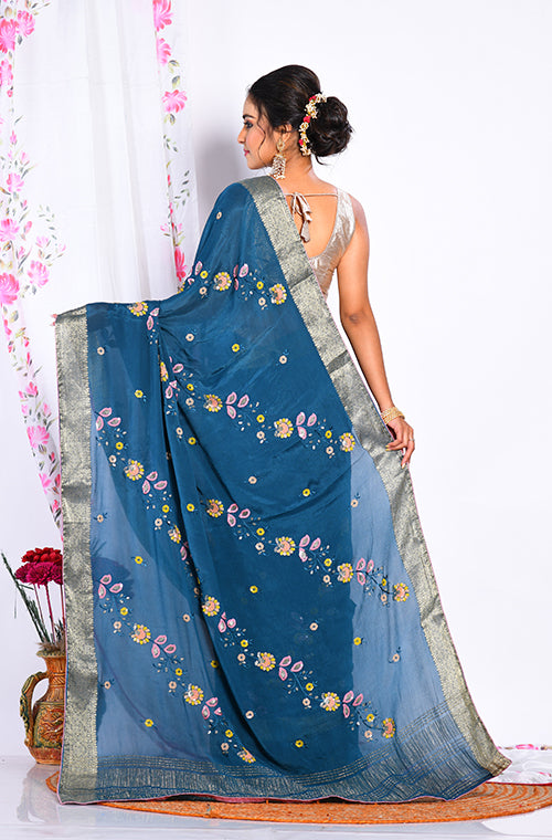 Morchari Heavy Embroidery Saree - Dark Green