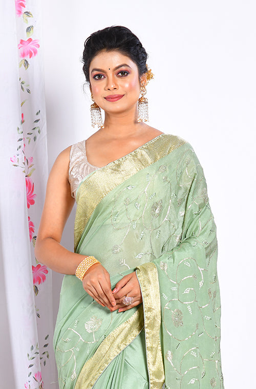 Morchari Heavy Embroidery Saree - Light Green