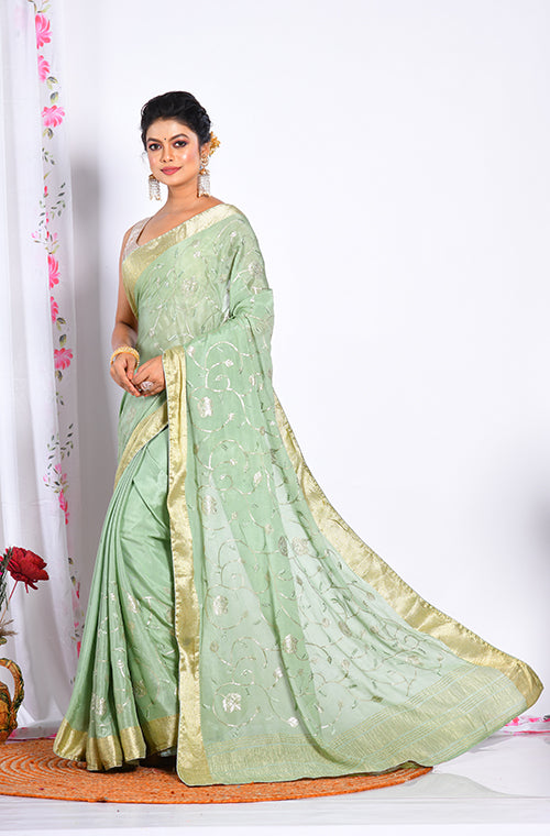 Morchari Heavy Embroidery Saree - Light Green