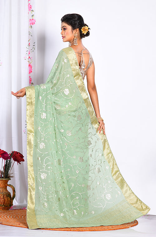 Morchari Heavy Embroidery Saree - Light Green