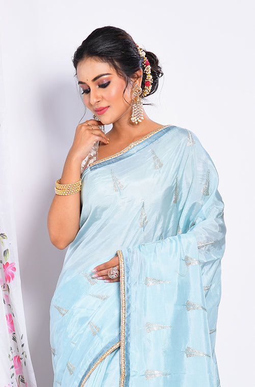 Morchari Heavy Embroidery Saree - Sky Blue